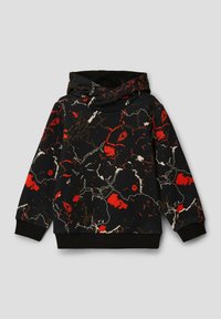 Schwarzer Hoodie mit roten und weißen abstrakten Mustern, weicher Textur und einem Cowl-Neck-Design. Mit gerippten Bündchen und einer lässigen Passform.