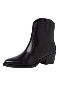 Bottine en cuir noir à bout pointu, avec des détails de couture sur les côtés et un talon empilé. Elle possède des languettes pour un enfilage facile.