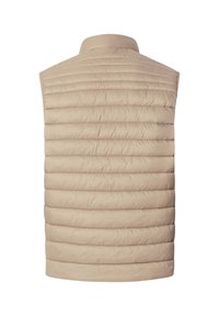 Chaleco acolchado beige, sin mangas, con diseño de acolchado horizontal. Textura suave con cuello alto y sin herrajes o acentos visibles.