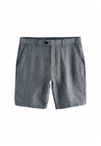 Shorts en lin gris avec une texture tissée, passants pour ceinture, poches avant, et une fermeture à un bouton à la taille. Coupe droite à l'ourlet.