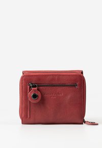 Red leather wallet with a textured finish. Features a zippered front pocket, logo embossed on the front, and a decorative zipper pull.