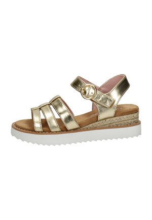 Gold metallic open-toe sandal with buckle strap, cushioned footbed, woven midsole, and white ridged platform sole.