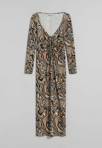 Midi šaty s dlouhým rukávem a nařaseným předním vázáním, s vlnitým abstraktním vzorem v hnědých, černých, krémových a světle modrých tónech.