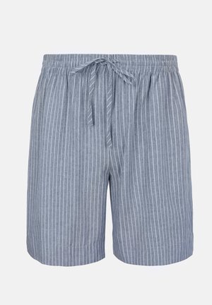 Pantaloni scurți gri pentru bărbați, cu șnur, dungi verticale subțiri albe și talie elastică.