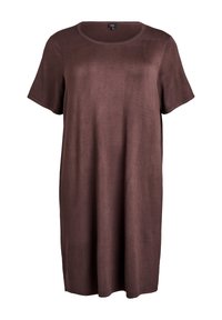 Brūns kleita ar īsām piedurknēm, ceļgala garumā, ar apaļu kakla izgriezumu, gludu audumu un vaļīgu piegriezumu.