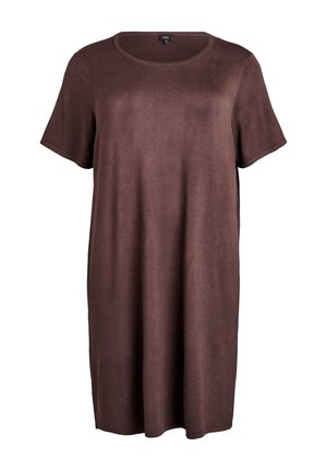 Trumpomis rankovėmis, iki kelių ilgio ruda suknelė su apvalia iškirpte, lygiu audiniu ir laisvu siluetu.