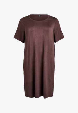 Trumpomis rankovėmis, iki kelių ilgio ruda suknelė su apvalia iškirpte, lygiu audiniu ir laisvu siluetu.