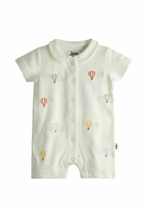 Biele kojenecké krátky rukáv overal so zapínaním na cvoky, zdobený vyšitými pastelovými horúcovzdušnými balónmi a malými oblakmi.