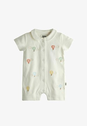 Body alb cu mâneci scurte pentru bebeluși, cu capse, cu model brodat cu baloane cu aer cald pastel și nori mici.