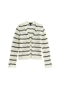 Weißer gestrickter Cardigan mit schwarzen horizontalen Streifen, ausgestattet mit einem strukturierten Spitzenmuster und einem Frontbandverschluss, langen Ärmeln und offenem Vorderteil.