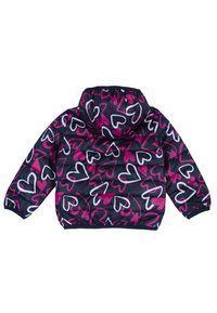 Padded jacket with a navy background, featuring a colorful heart pattern in pink and white. Includes a hood and elasticated cuffs.