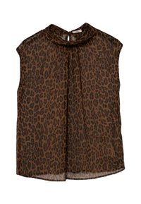 Blusa marrone trasparente con stampa leopardata, design senza maniche, scollo arricciato e dettaglio a goccia sulla schiena. Tessuto liscio e materiale leggero.