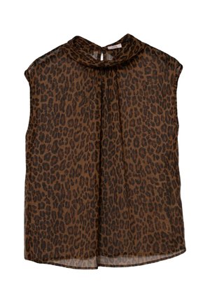 Blusa marrone trasparente con stampa leopardata, design senza maniche, scollo arricciato e dettaglio a goccia sulla schiena. Tessuto liscio e materiale leggero.
