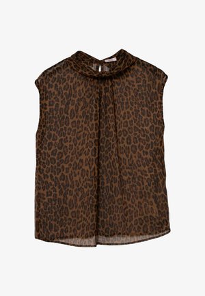 Brown sheer blouse with a leopard print, sleeveless design, gathered neckline, and keyhole back detail. Smooth texture and lightweight material.