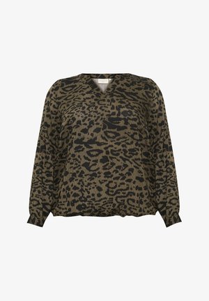 Zebra-print blouse in donkergroen en zwart, met een V-hals, lange mouwen, geribbelde textuur en een ontspannen pasvorm.