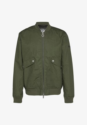 Olivově zelená bomber bunda s předním zipem, žebrovaným límcem a manžetami, dvěma předními kapsami na klopu a hladkým, mírně texturovaným materiálem.