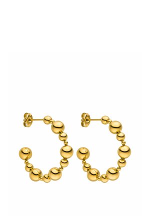 Boucles d'oreilles créoles dorées avec une série de charms sphériques de taille graduée, surface texturée et brillante, et fermeture à tige.