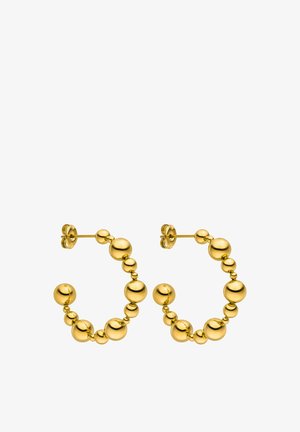 Goldfarbene Creolen mit einer Reihe von graduell geformten, kugelförmigen Anhängern, strukturiertem, glänzendem Finish und Steckverschluss.