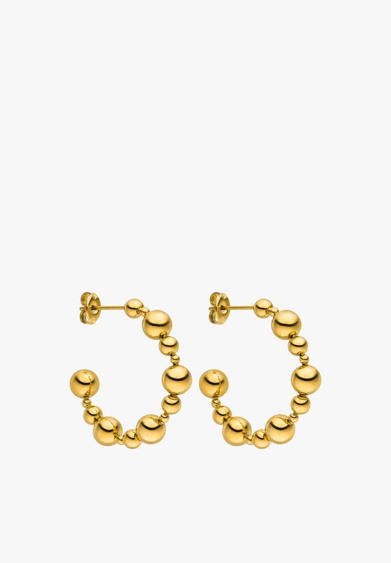 Goldfarbene Creolen mit einer Reihe von graduell geformten, kugelförmigen Anhängern, strukturiertem, glänzendem Finish und Steckverschluss.