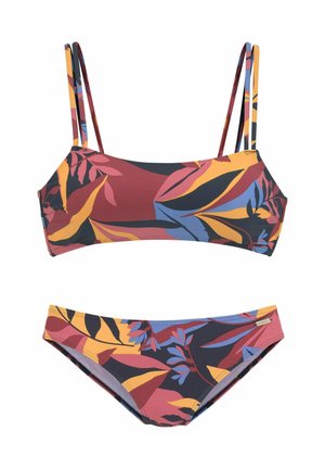 Zweiteiliger Bikini mit doppelten Trägern, mit abstrakten tropischen Blattmustern in Senf-, Marine-, Rot- und Blautönen auf dem Stoff.
