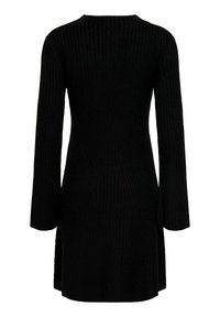 Schwarzes, geripptes Strickkleid mit langen Ärmeln, tailliert und leicht ausgestellt am Saum, von hinten gezeigt.