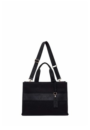 Borsa rettangolare nera con doppi manici e tracolla regolabile, dotata di logo "Liu Jo" in rilievo e targhetta logo pendente.