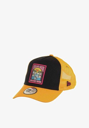 Black and yellow mesh snapback cap with a curved visor, featuring a graphic patch with "Feeling Good Summer Vibes" and a colorful design.