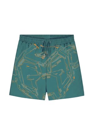 Blauwgroene zwembroek met elastische tailleband en trekkoord, met abstracte oranje en donkerblauwgroene lijnpatronen over de stof.