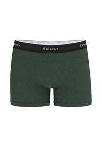 Boxers verts avec un motif géométrique, ceinture noire à logo, matériau doux et design ajusté pour le confort.