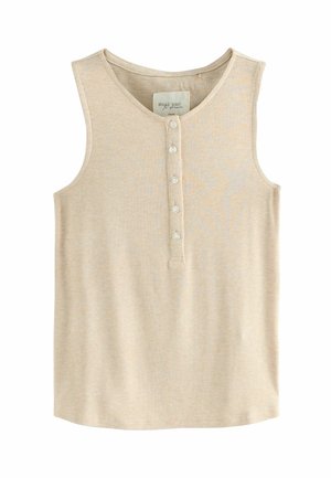 Top a canottiera a coste beige con scollatura rotonda, dotato di una fila di bottoni e tre bottoni. Texture morbida e design senza maniche.