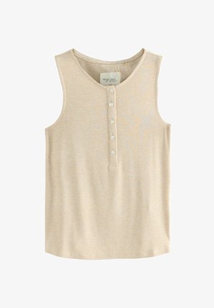 Beidzīgie ribota krējuma krāsas tank top ar apaļu dekoltē, ar pogu rindiņu un trim pogām. Mīksta tekstūra un bez piedurknēm.