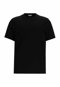 Crna pamučna majica s okruglim izrezom, kratkim rukavima i suptilnim kvadratnim logotipom na prsima. Glatka tekstura, regularna fit.