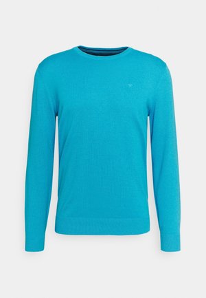 Maglione turchese lavorato a maglia con maniche lunghe e scollatura rotonda. Presenta un orlo e polsini a costine, una texture leggera e un minimo dettaglio di branding.