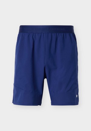 Marineblaue Sportshorts mit elastischem Bund und dezentem Logodetail am linken Bein, entworfen für Sport- und Freizeitkleidung.