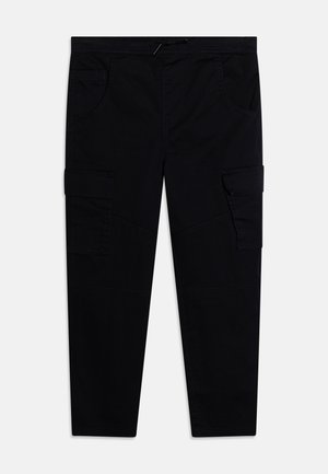 Black cargo pants made of durable fabric, featuring multiple pockets, a drawstring waist, and stitched panel details.