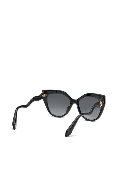 Lunettes de soleil noires forme œil de chat avec verres dégradés foncés et branches texturées effet serpent se terminant par des embouts lisses, agrémentées de détails dorés.