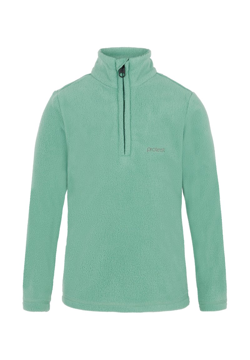 Pullover in pile verde menta con collo a zip a un quarto, maniche lunghe e un piccolo logo sul petto. Tessuto morbido e vestibilità casual.