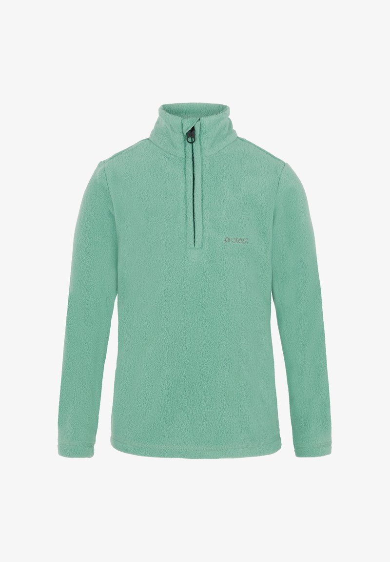 Pullover in pile verde menta con collo a zip a un quarto, maniche lunghe e un piccolo logo sul petto. Tessuto morbido e vestibilità casual.