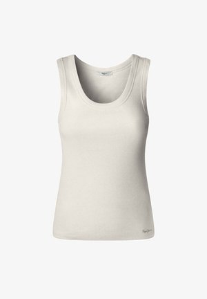 Camiseta sin mangas de canalé en gris claro con escote redondeado y tirantes anchos. Presenta una silueta ajustada y un pequeño logotipo de la marca en el dobladillo.