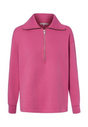 Roze trui met lange mouwen, zilveren halve ritssluiting en brede kraag, gemaakt van zachte stof, frontaal zicht.