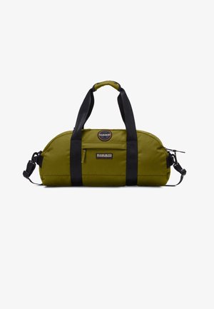 Olivgrüne Duffel-Tasche mit schwarzen Griffen, vorderer Reißverschlusstasche und kleinem rundem Logo über der Tasche.
