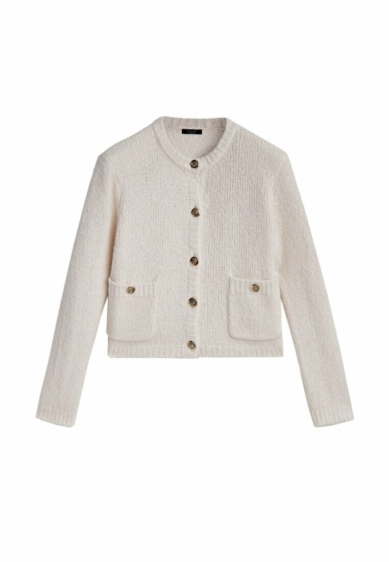 Cardigan tricoté couleur crème avec manches longues, col rond, boutons sur le devant et deux poches avant avec fermeture par bouton.
