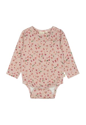 Long-sleeve baby bodysuit in soft pink fabric with a floral pattern. Features snap closures at the bottom and a round neckline.