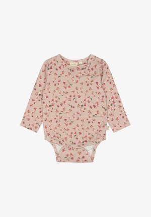 Langärmliger Baby-Body aus weichem rosa Stoff mit floralem Muster. Verfügt über Druckknöpfe im Schritt und einen runden Halsausschnitt.