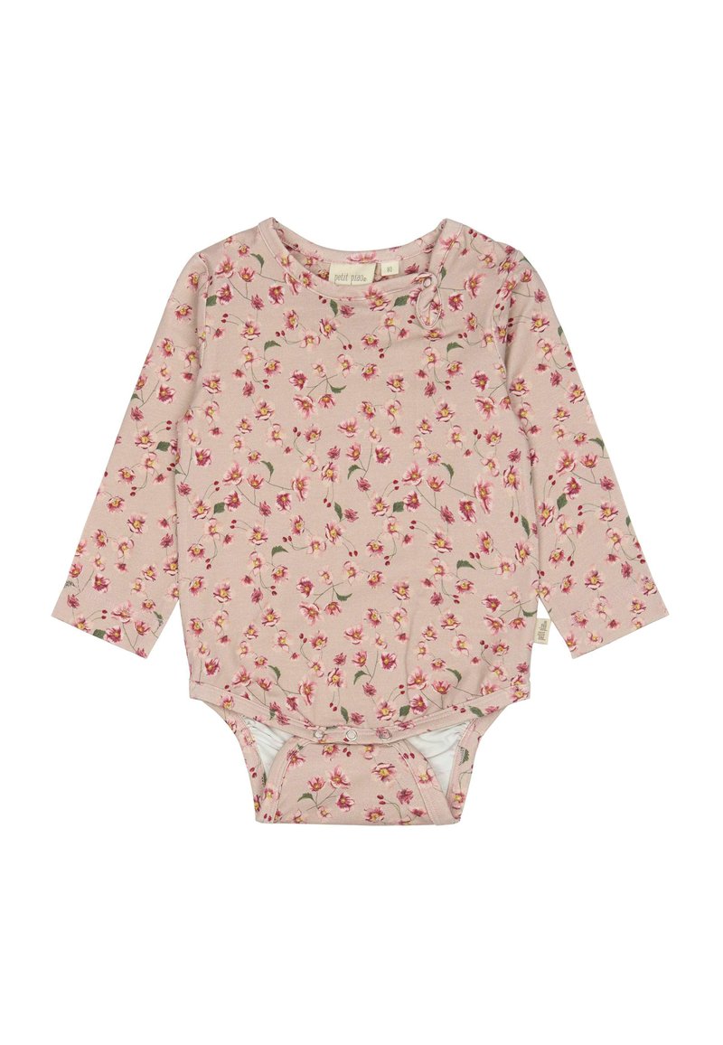 Bodysuit pour bébé à manches longues en tissu rose doux avec un motif floral. Comprend des fermetures à pression au bas et un col rond.