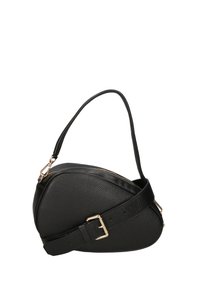 Borsa in pelle nera con una forma triangolare unica, dotata di chiusura con zip, tracolla singola e dettagli in metallo dorato.