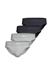 Four pairs of men's briefs in black and gray. The fabric is smooth with a soft waistband. Each pair features a logo on the front.