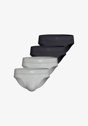 Vier paren herenonderbroeken in zwart en grijs. De stof is soepel met een zachte tailleband. Elk paar heeft een logo aan de voorkant.