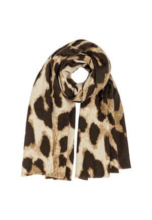 Brown and beige leopard print scarf made of soft fabric, featuring a long, rectangular shape and fringed edges.