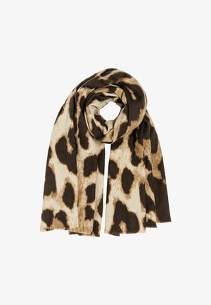 Brown and beige leopard print scarf made of soft fabric, featuring a long, rectangular shape and fringed edges.